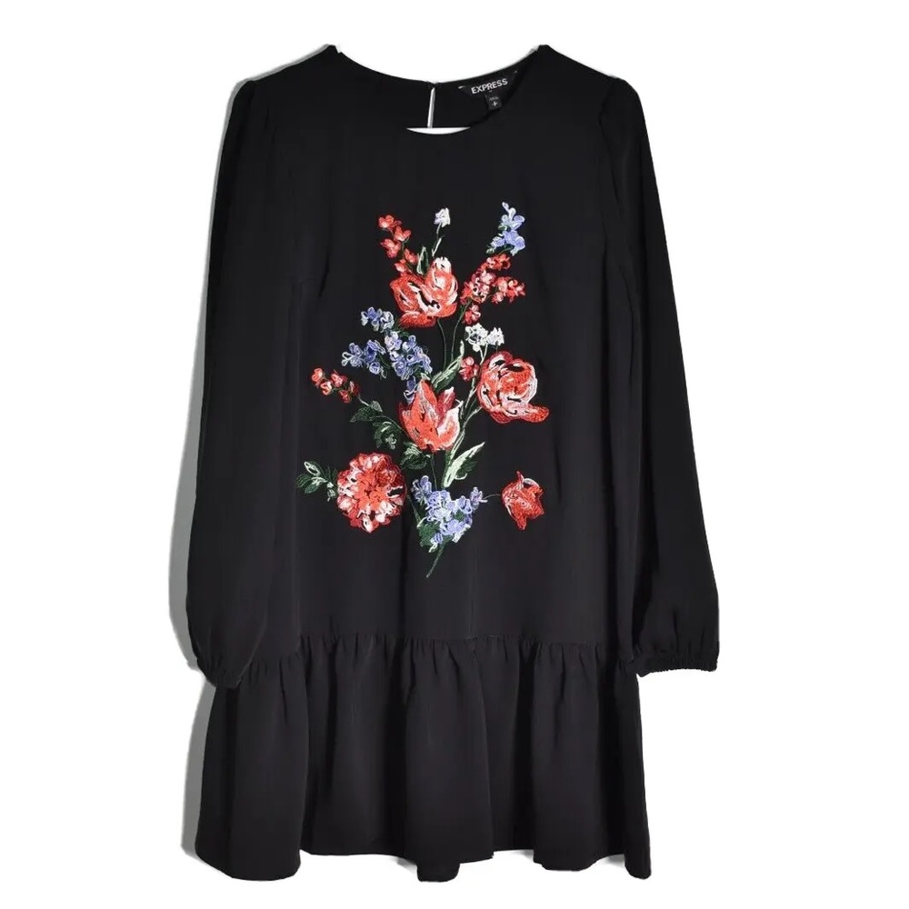 Express Floral Embroidered Ruffle Skirt Long Sleeve Dress